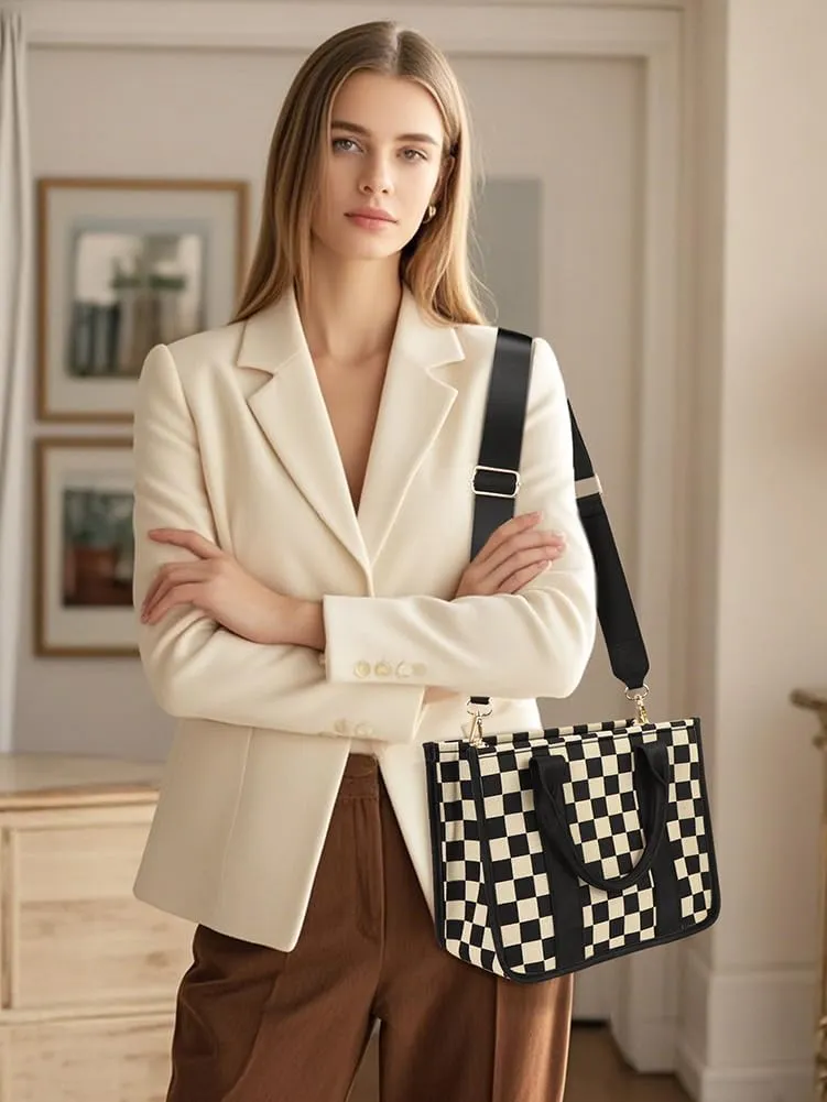 Womens Trendy Vegan Leather Tote Bag Large Checkered Shoulder Crossbody Purse Top Handle Handbags Work Travel Satchels
