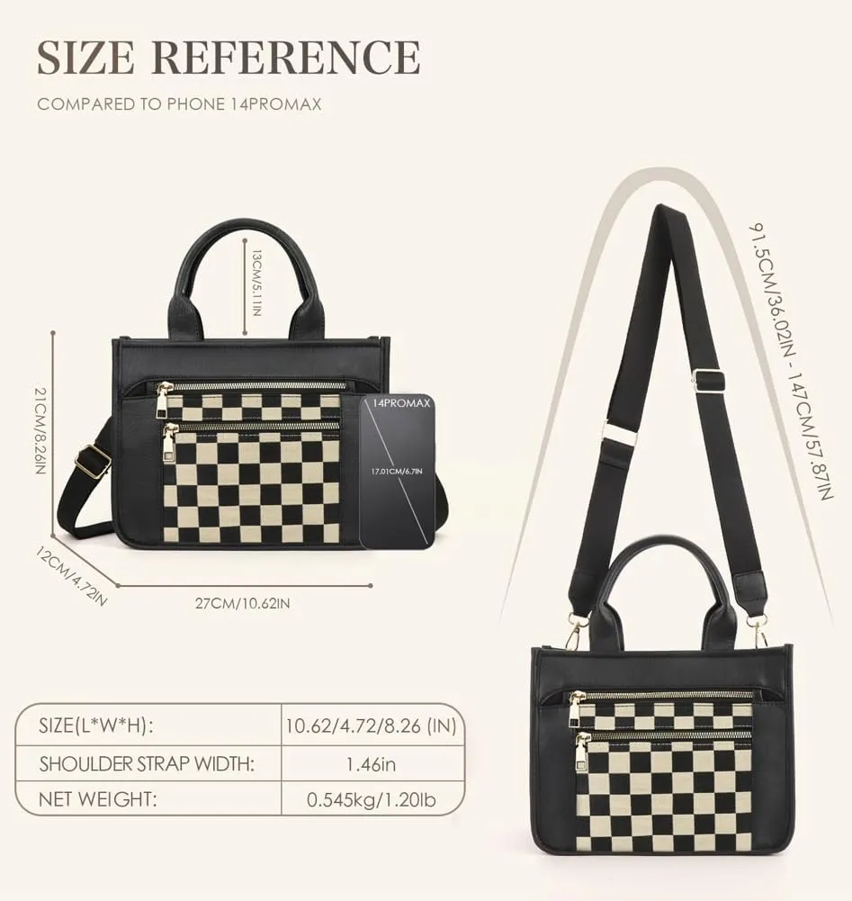Womens Trendy Vegan Leather Tote Bag Large Checkered Shoulder Crossbody Purse Top Handle Handbags Work Travel Satchels