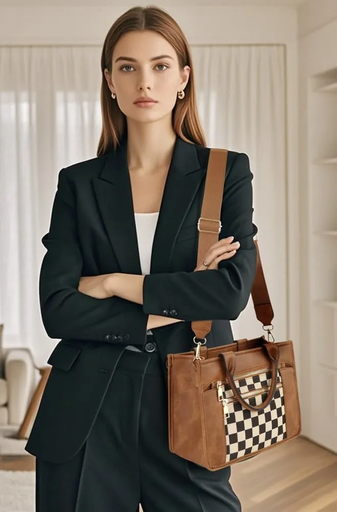 Womens Trendy Vegan Leather Tote Bag Large Checkered Shoulder Crossbody Purse Top Handle Handbags Work Travel Satchels