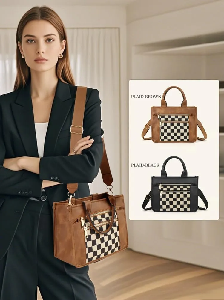 Womens Trendy Vegan Leather Tote Bag Large Checkered Shoulder Crossbody Purse Top Handle Handbags Work Travel Satchels