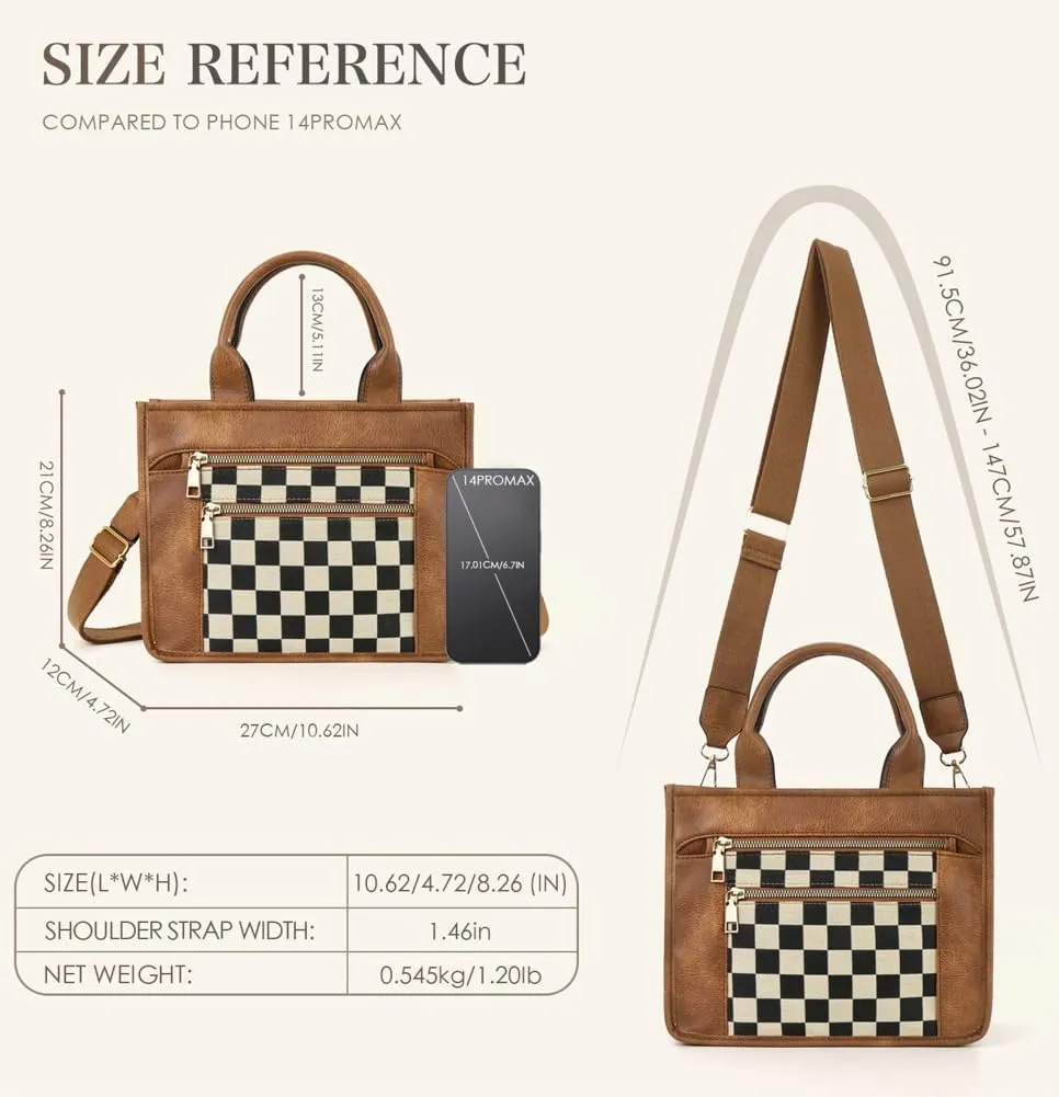 Womens Trendy Vegan Leather Tote Bag Large Checkered Shoulder Crossbody Purse Top Handle Handbags Work Travel Satchels