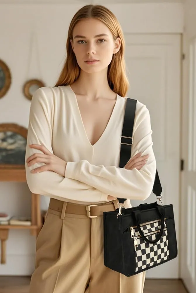 Womens Trendy Vegan Leather Tote Bag Large Checkered Shoulder Crossbody Purse Top Handle Handbags Work Travel Satchels