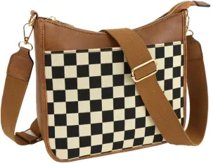 Womens Vintage Vegan Leather Crossbody Shoulder Bag Small Checkered Tote Purse Handbags Messenger Bag Satchels