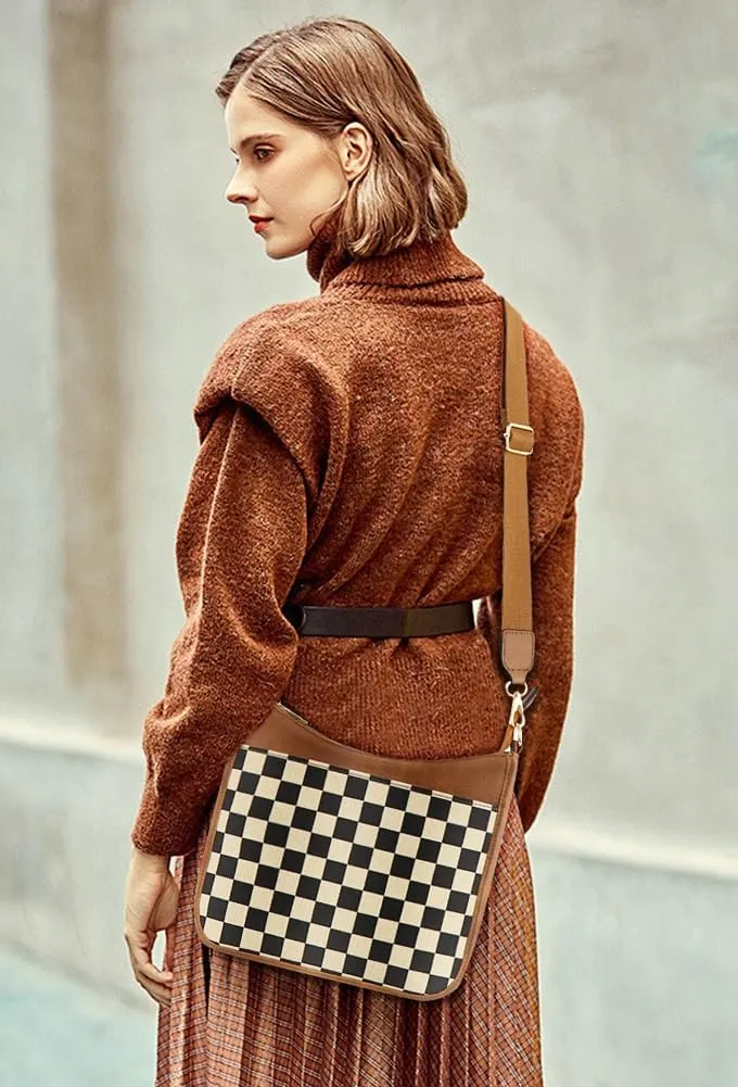 Womens Vintage Vegan Leather Crossbody Shoulder Bag Small Checkered Tote Purse Handbags Messenger Bag Satchels