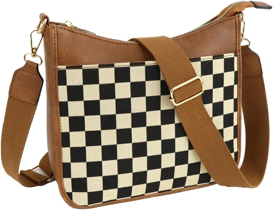Womens Vintage Vegan Leather Crossbody Shoulder Bag Small Checkered Tote Purse Handbags Messenger Bag Satchels