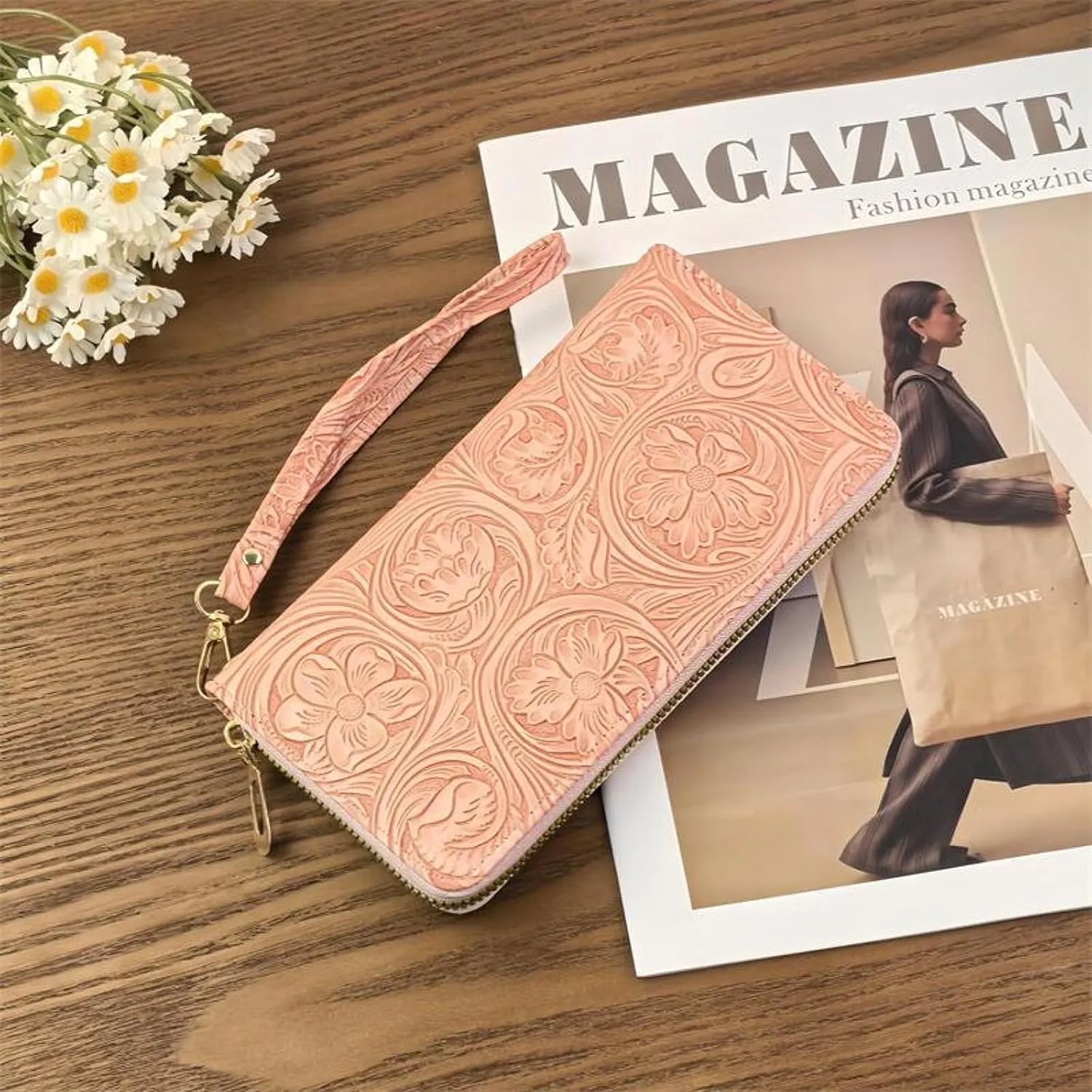 Womens Wallet Wristlet RFID Blocking Floral Vegan Leather Purse Long Zip Around Clutch Large Capacity Card Holder