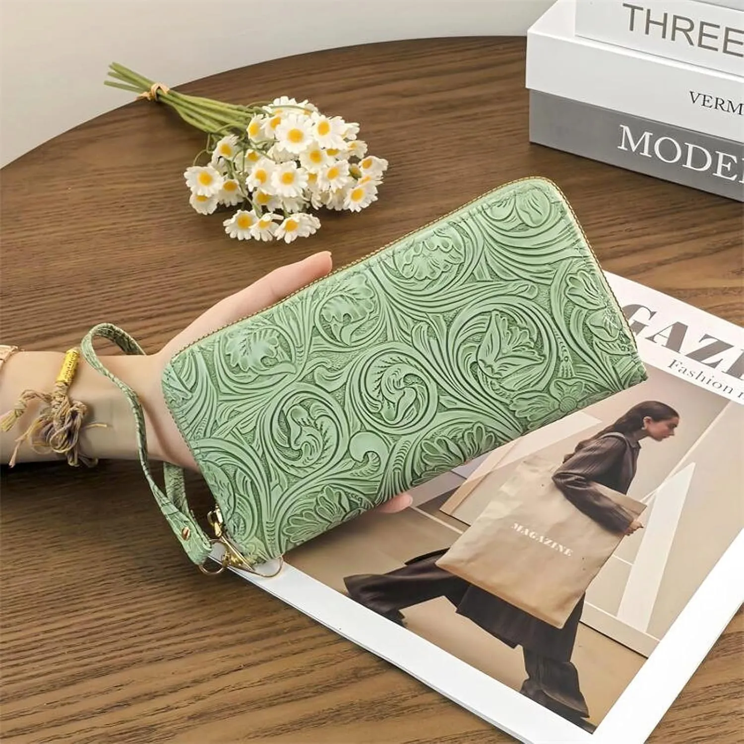 Womens Wallet Wristlet RFID Blocking Floral Vegan Leather Purse Long Zip Around Clutch Large Capacity Card Holder