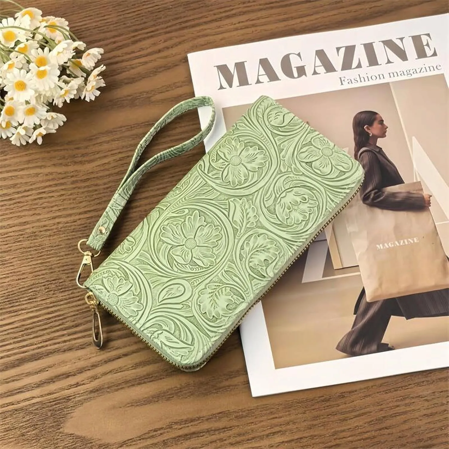 Womens Wallet Wristlet RFID Blocking Floral Vegan Leather Purse Long Zip Around Clutch Large Capacity Card Holder