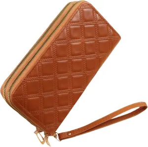 Womens Wallet Wristlet RFID Blocking Large Capacity Zip Around Clutch Purse Quilted Leather Double Zipper Card Holder