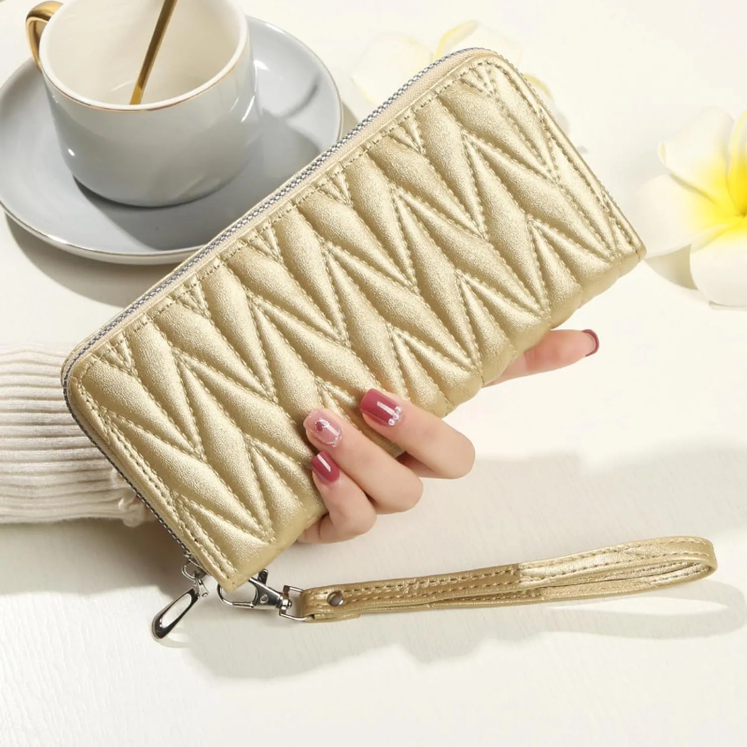 Women's Zip Wristlet Wallet - Large Capacity RFID Blocking Clutch Purse Quilted Soft Vegan Leather Travel Organizer
