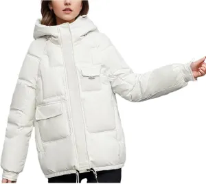 Women's Zipper Multiple Pockets Parka Coat Hooded Stand Collar Short Cotton-Padded Jacket