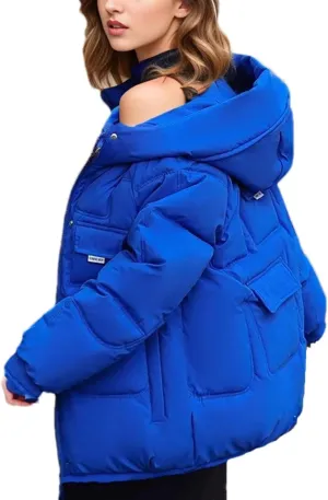 Women's Zipper Multiple Pockets Parka Coat Hooded Stand Collar Short Cotton-Padded Jacket