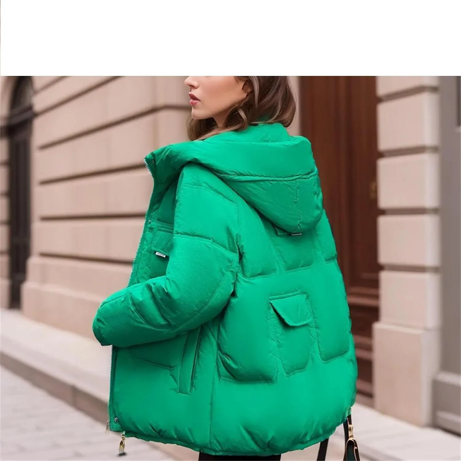 Women's Zipper Multiple Pockets Parka Coat Hooded Stand Collar Short Cotton-Padded Jacket