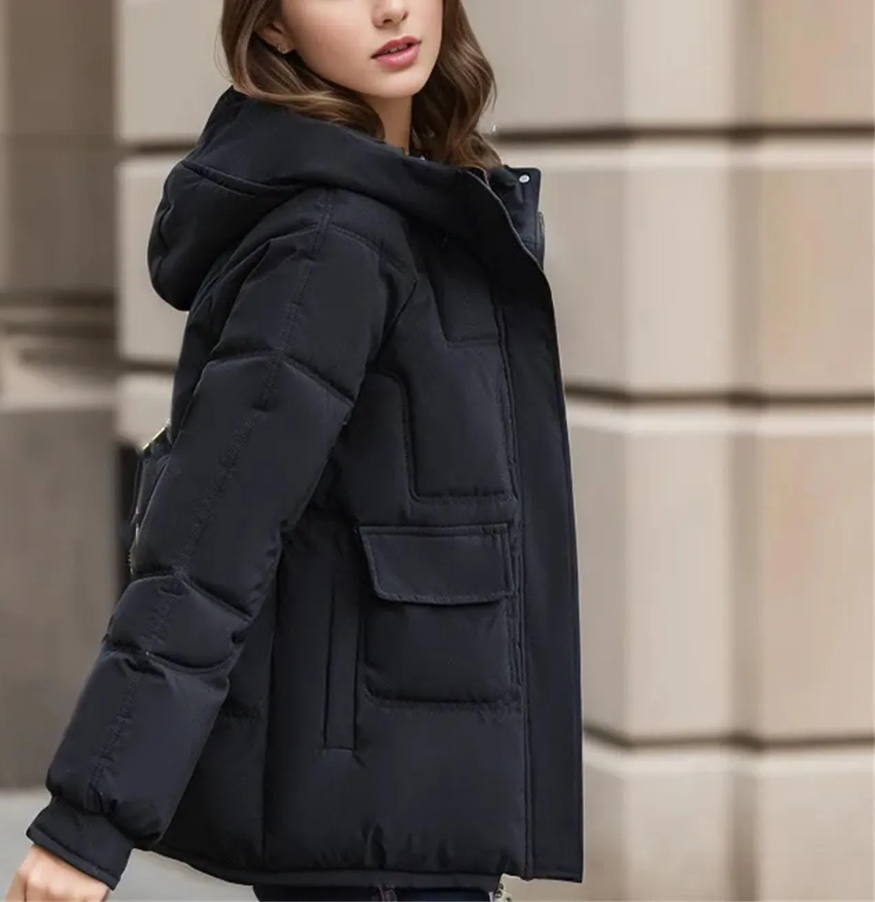 Women's Zipper Multiple Pockets Parka Coat Hooded Stand Collar Short Cotton-Padded Jacket