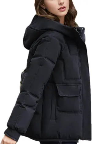 Women's Zipper Multiple Pockets Parka Coat Hooded Stand Collar Short Cotton-Padded Jacket