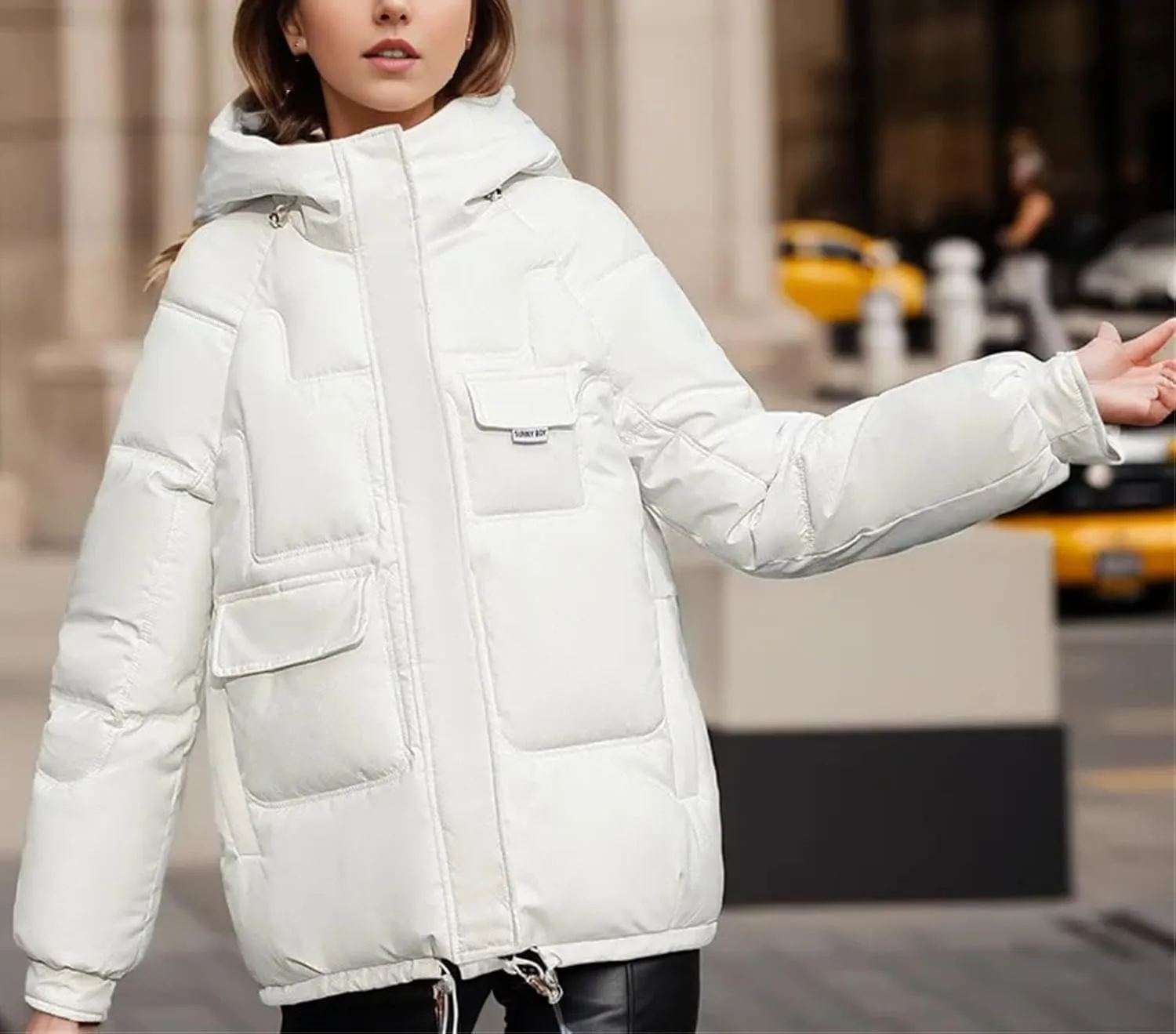 Women's Zipper Multiple Pockets Parka Coat Hooded Stand Collar Short Cotton-Padded Jacket