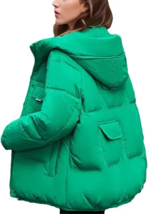 Women's Zipper Multiple Pockets Parka Coat Hooded Stand Collar Short Cotton-Padded Jacket