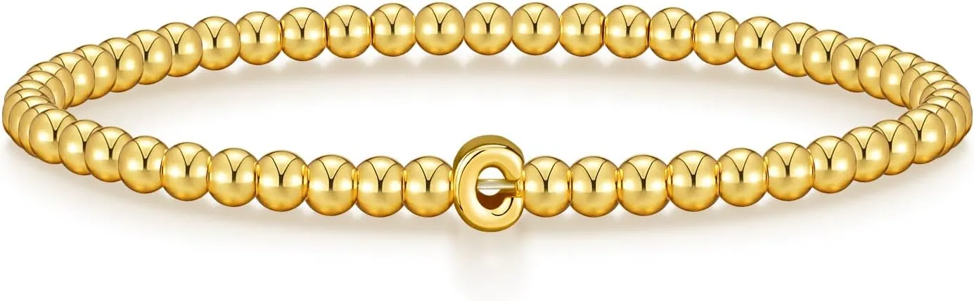 Wowshow Gold Bracelets for Women, 18K Gold Plated Stretch Initial Beaded Bracelets with A-Z Letter Charm Jewelry Gifts for Mother's Day Valentines Christmas